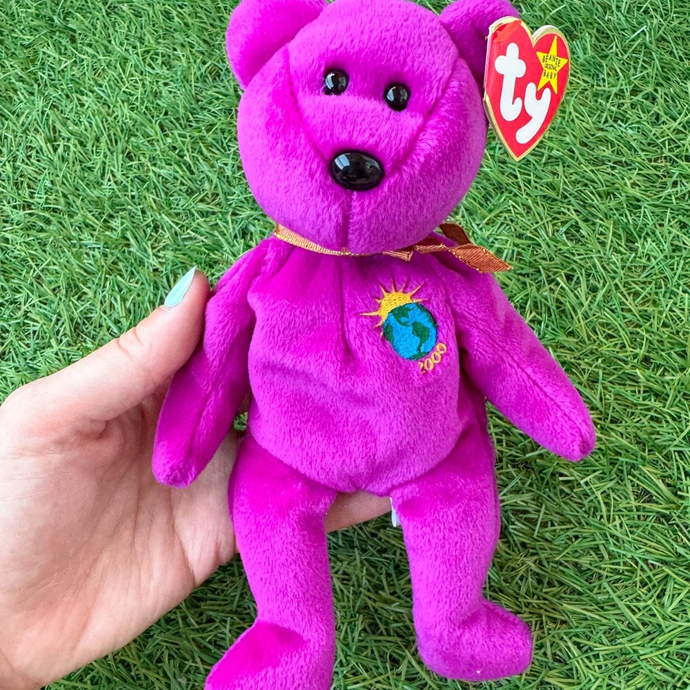 3/$15 Ty Millennium 1999 Teddy Beanie Baby Purple Bear with World & Sun